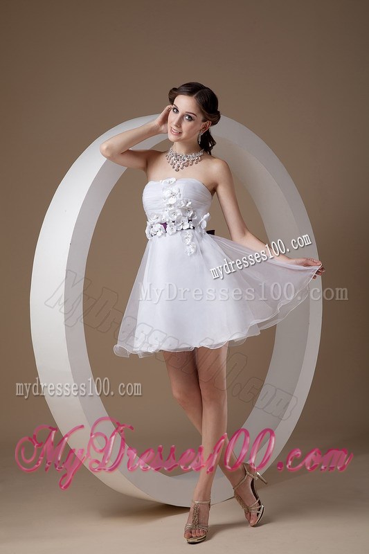 White Party Dresses Strapless Hand Made Flowers Mini-length