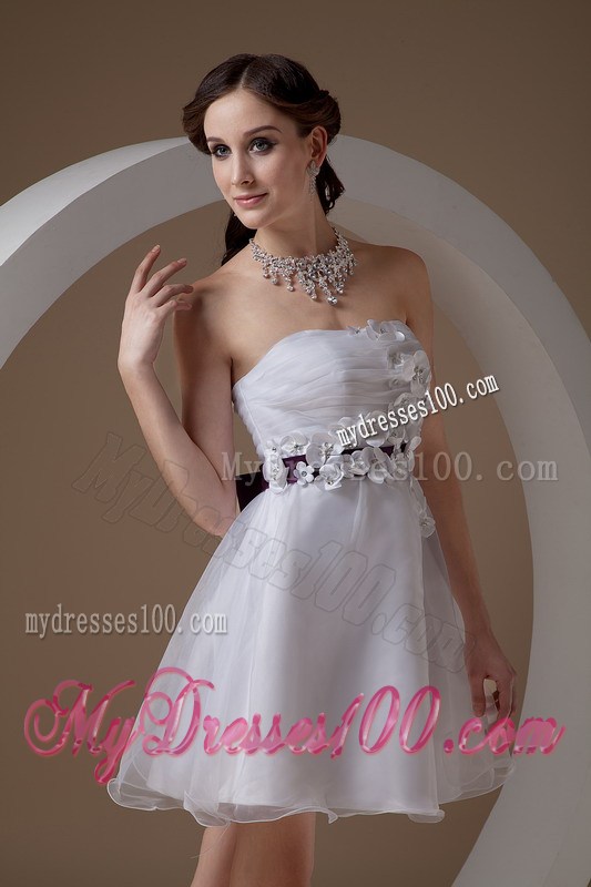 White Party Dresses Strapless Hand Made Flowers Mini-length