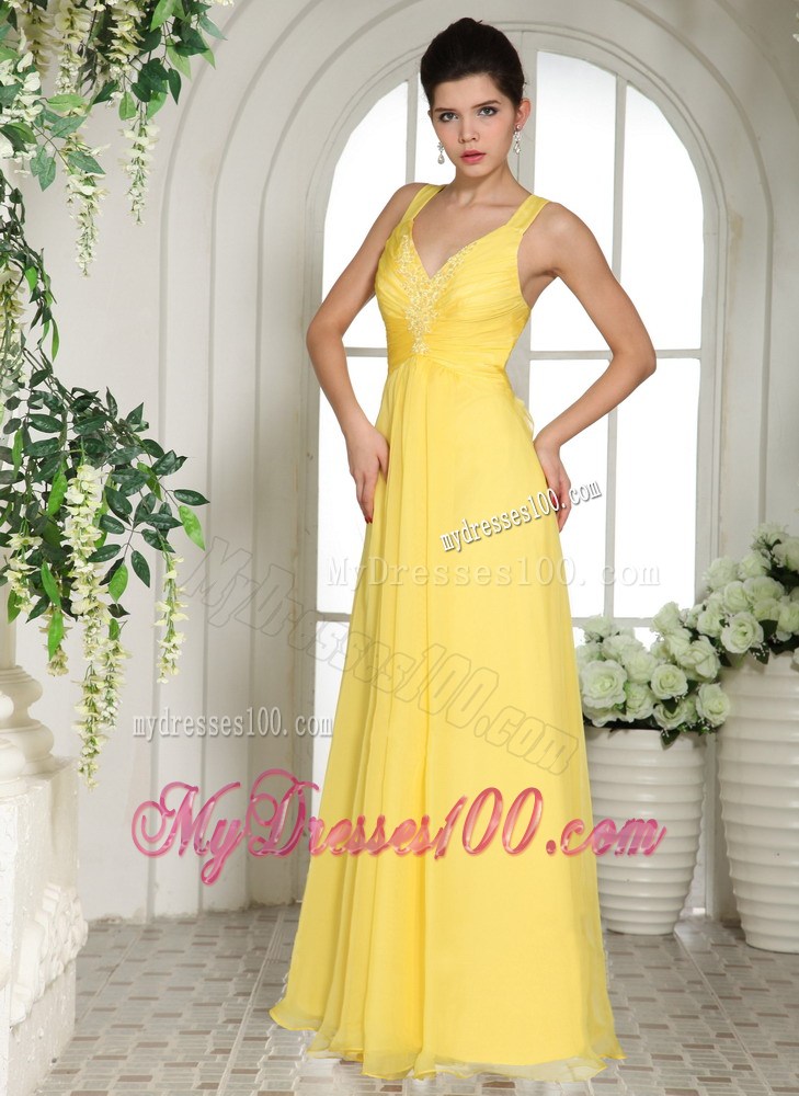 Beautiful Yellow Straps Party Dresses Appliques For Custom Made