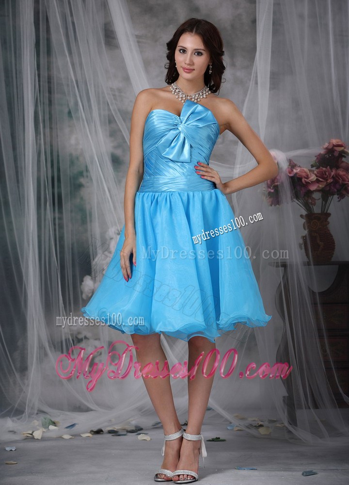 Aqua Blue Princess Sweetheart Knee-length Pleat Bow Party Dress