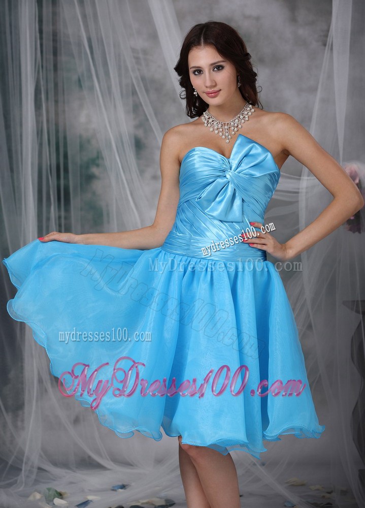 Aqua Blue Princess Sweetheart Knee-length Pleat Bow Party Dress