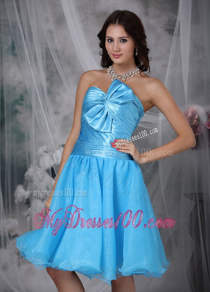 Aqua Blue Princess Sweetheart Knee-length Pleat Bow Party Dress