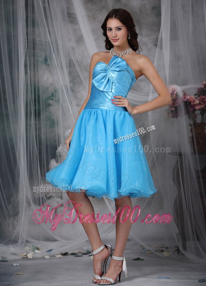Aqua Blue Princess Sweetheart Knee-length Pleat Bow Party Dress