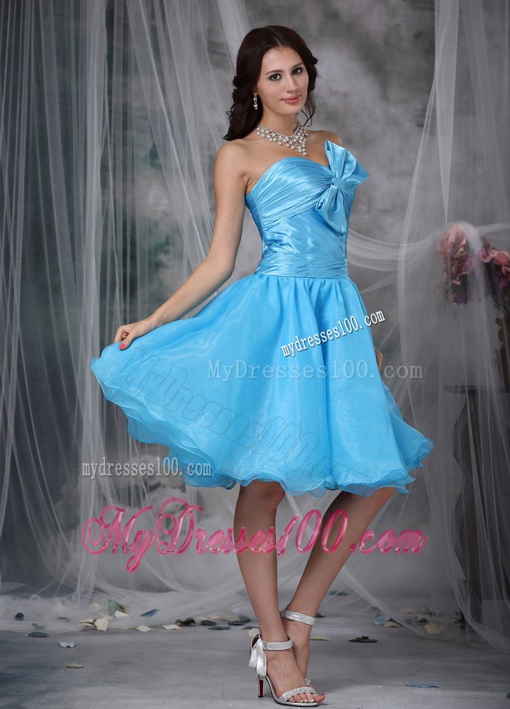 Aqua Blue Princess Sweetheart Knee-length Pleat Bow Party Dress