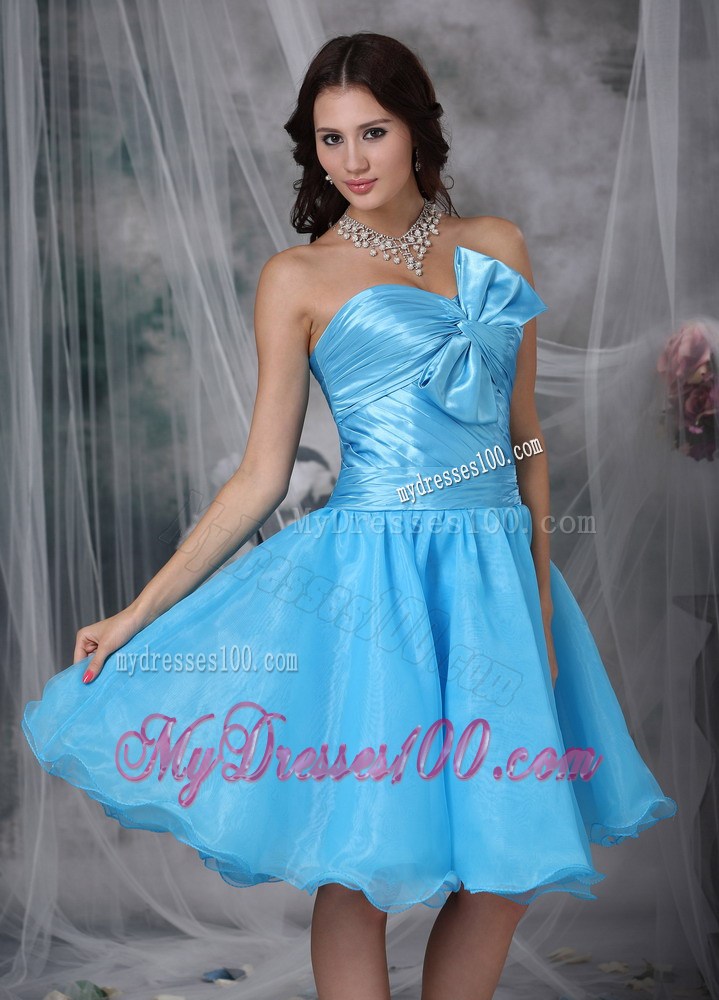 Aqua Blue Princess Sweetheart Knee-length Pleat Bow Party Dress