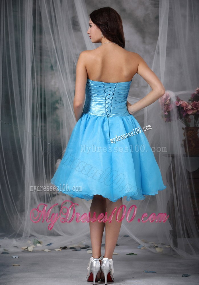 Aqua Blue Princess Sweetheart Knee-length Pleat Bow Party Dress
