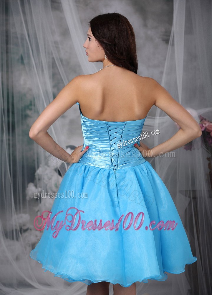 Aqua Blue Princess Sweetheart Knee-length Pleat Bow Party Dress