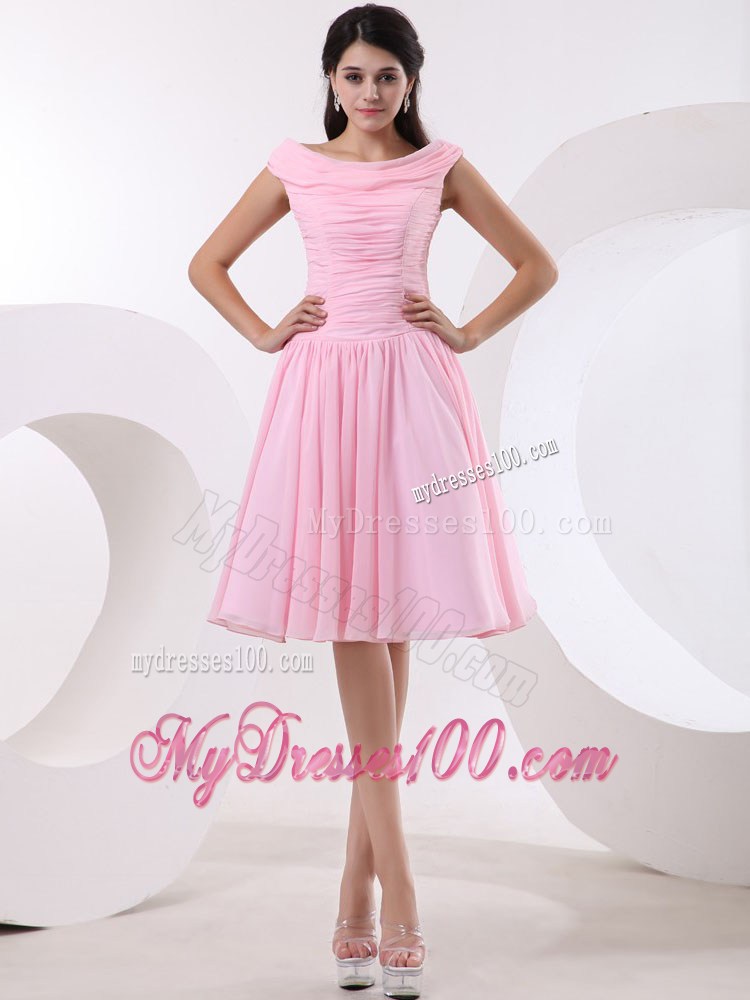 Simple Bateau Princess Baby Pink Party Dresses With Ruched Bodice
