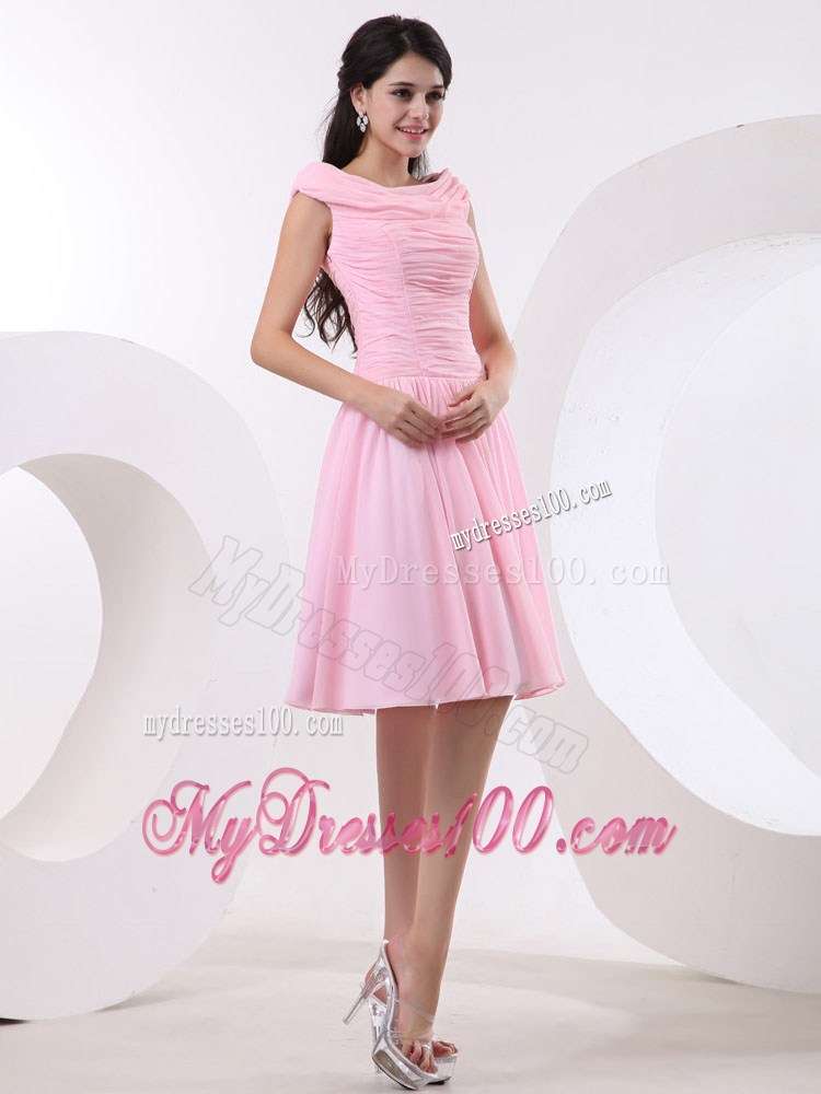 Simple Bateau Princess Baby Pink Party Dresses With Ruched Bodice