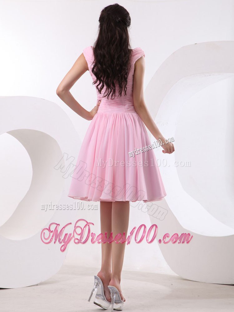Simple Bateau Princess Baby Pink Party Dresses With Ruched Bodice