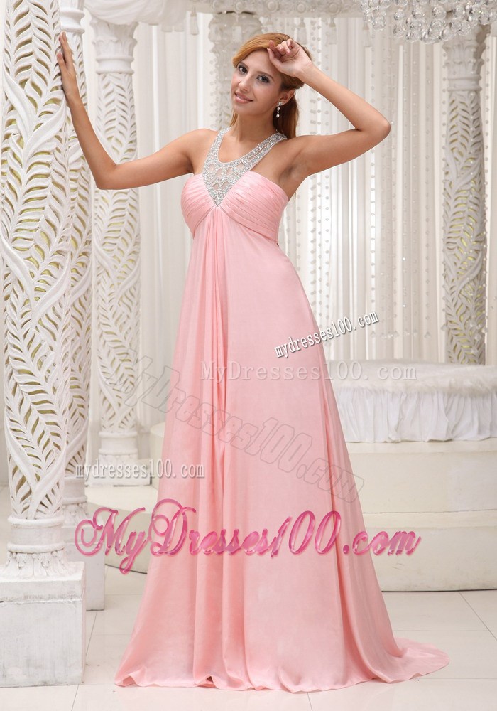 Beaded Scoop Ruched Brush Train Baby Pink 2013 Party Dresses