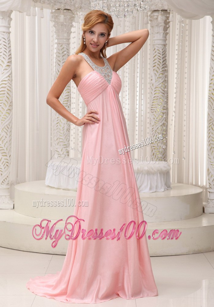 Beaded Scoop Ruched Brush Train Baby Pink 2013 Party Dresses
