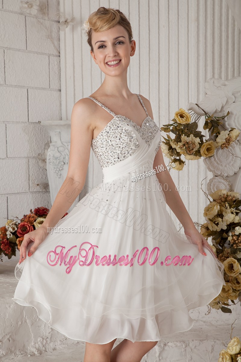 Elegant White Empire Straps Short Party Dress Beading Knee-length