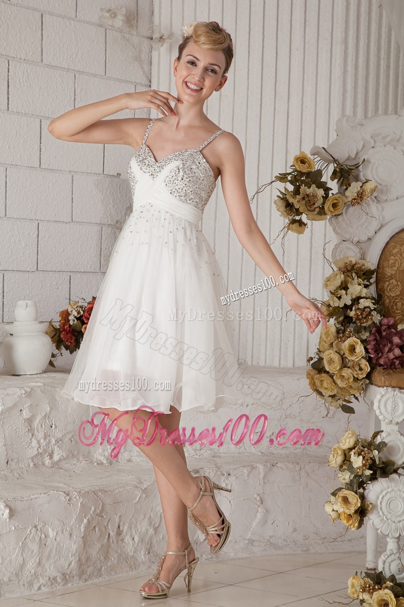 Elegant White Empire Straps Short Party Dress Beading Knee-length