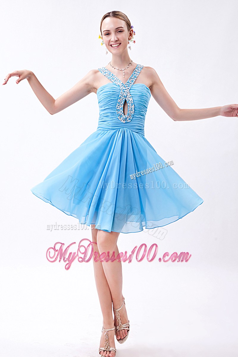 Pretty Baby Blue Empire V-neck Prom Dress Beading Mini-length