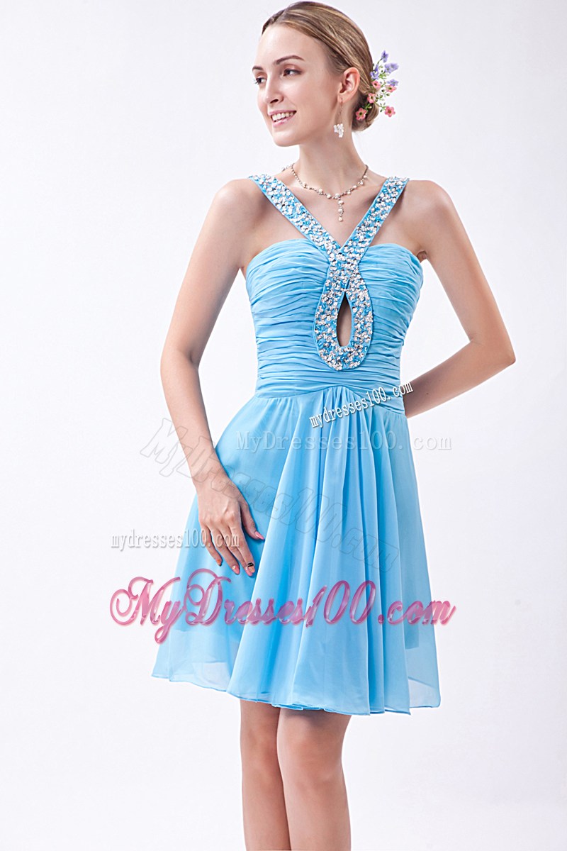 Pretty Baby Blue Empire V-neck Prom Dress Beading Mini-length