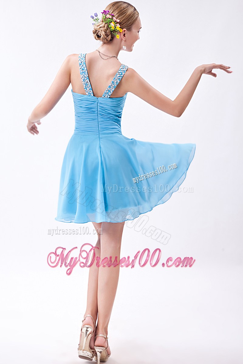 Pretty Baby Blue Empire V-neck Prom Dress Beading Mini-length