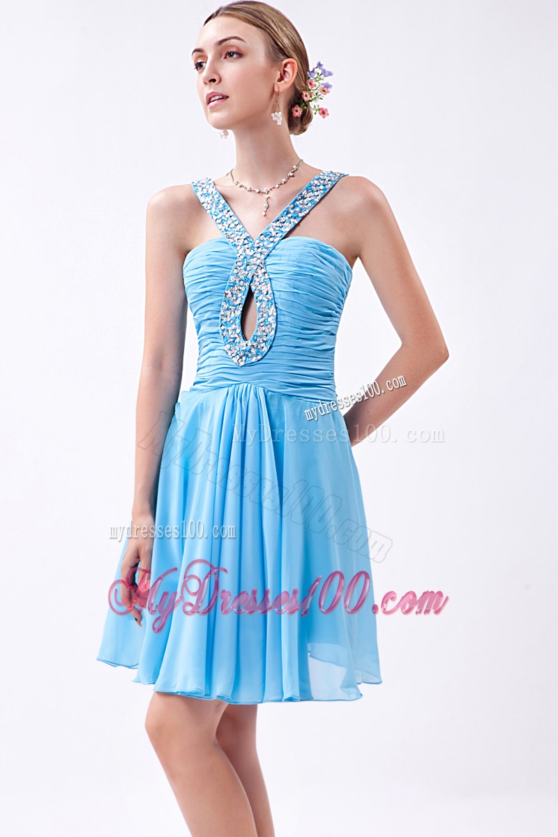 Pretty Baby Blue Empire V-neck Prom Dress Beading Mini-length