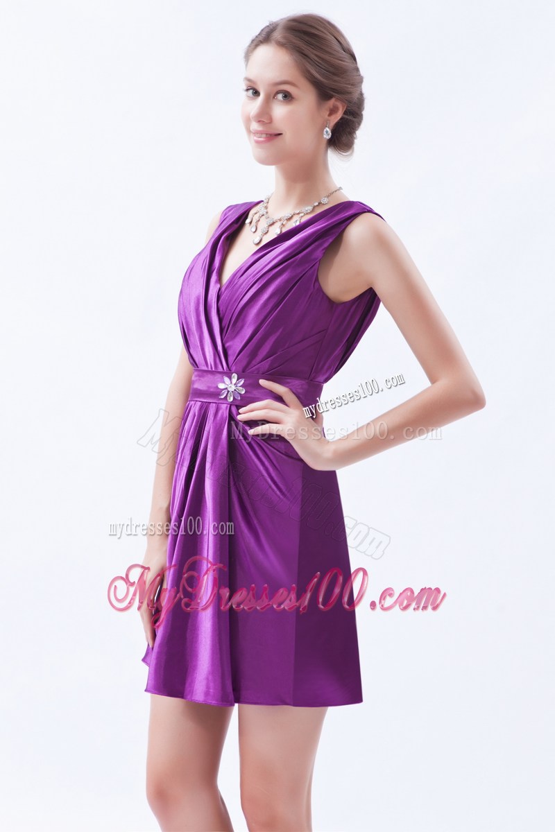 Eggplant Purple Column V-neck Party Dresses Beading Mini-length