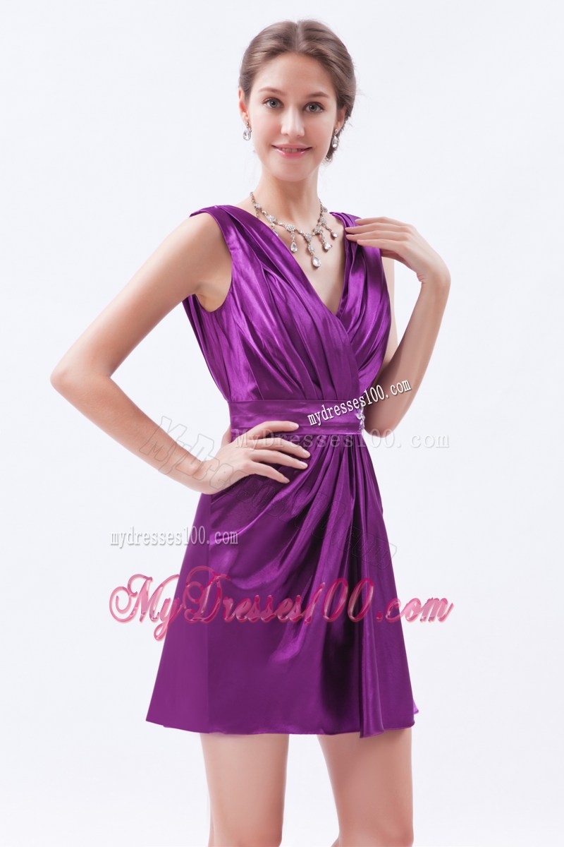 Eggplant Purple Column V-neck Party Dresses Beading Mini-length
