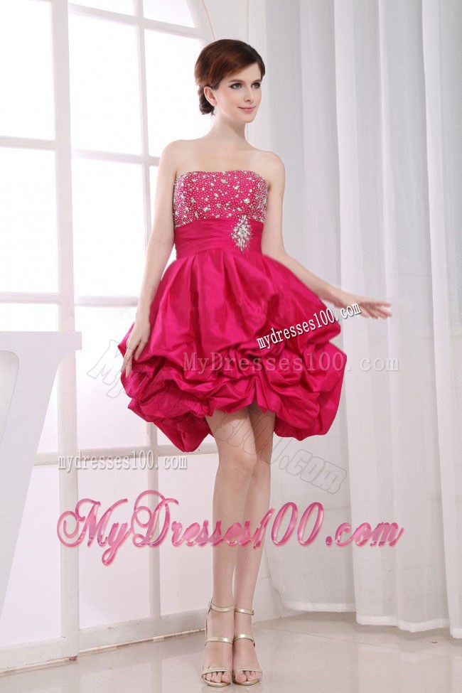 Simple Beading Mini-length Princess Strapless Party Dresses Hot Pink