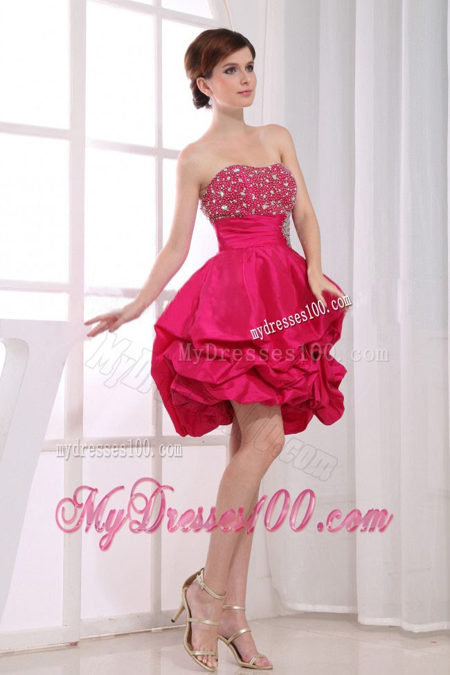 Simple Beading Mini-length Princess Strapless Party Dresses Hot Pink