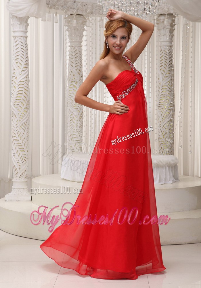 Beaded One Shoulder Red Floor-length For 2013 Cheap Party Dress