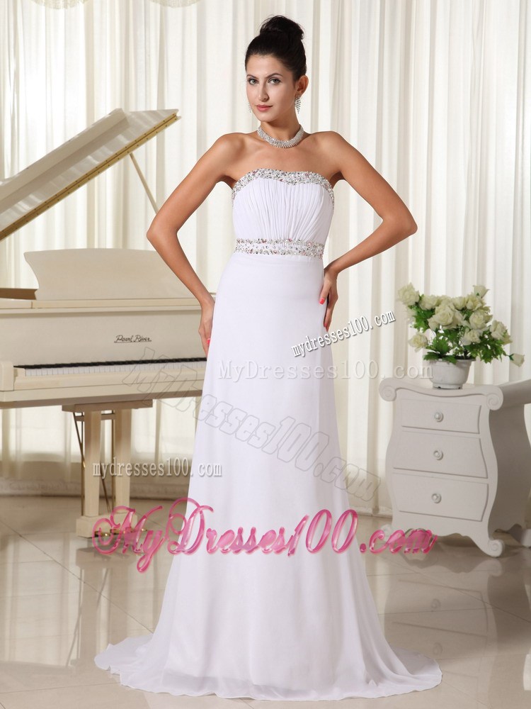 Elegant White Party Dresses Strapless Beaded Bust Brush Train Skirt