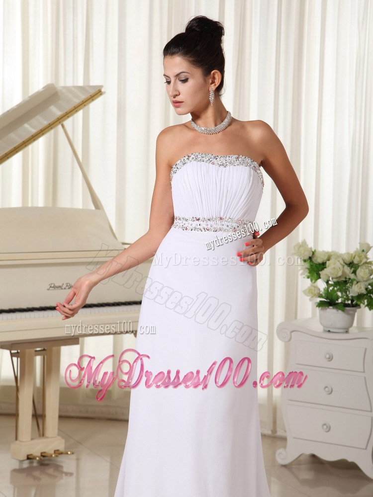 Elegant White Party Dresses Strapless Beaded Bust Brush Train Skirt