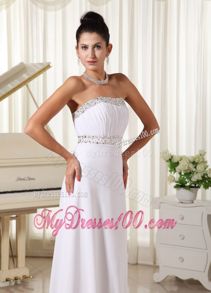 Elegant White Party Dresses Strapless Beaded Bust Brush Train Skirt