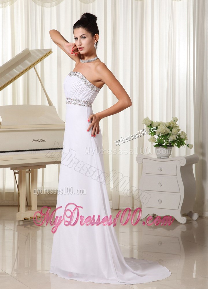 Elegant White Party Dresses Strapless Beaded Bust Brush Train Skirt