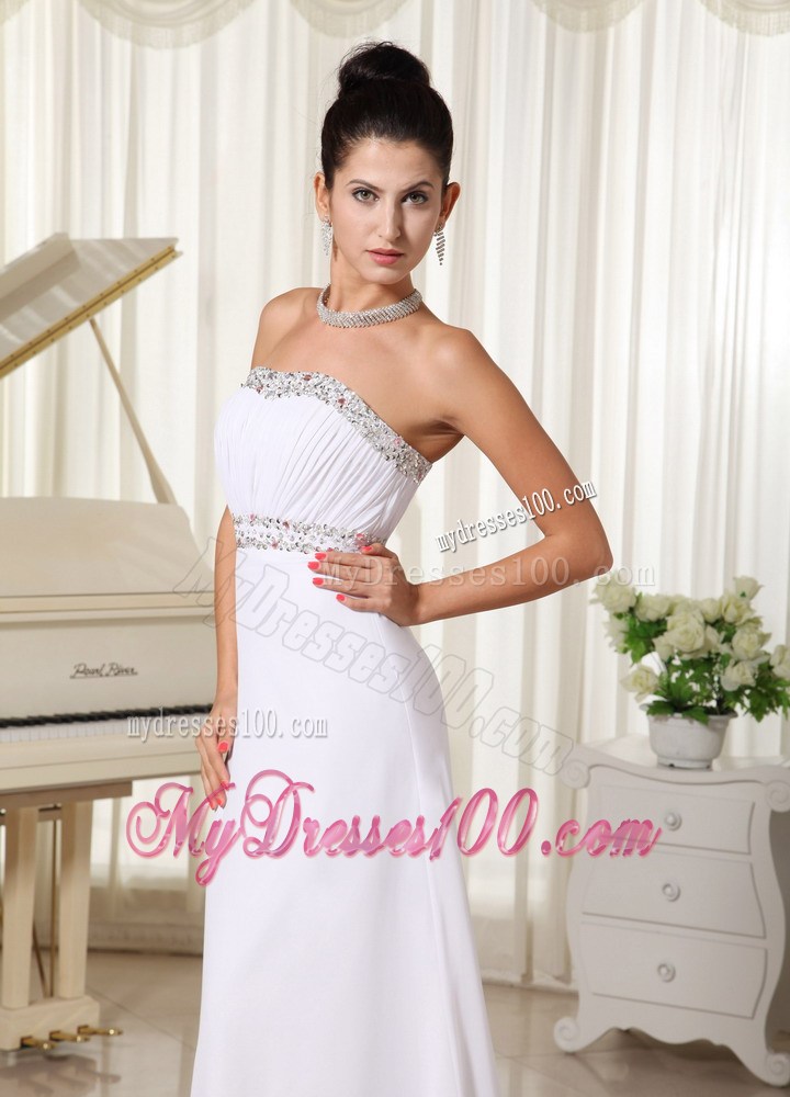 Elegant White Party Dresses Strapless Beaded Bust Brush Train Skirt
