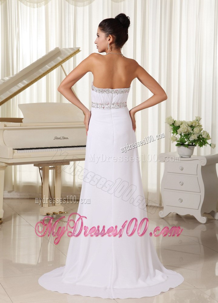 Elegant White Party Dresses Strapless Beaded Bust Brush Train Skirt