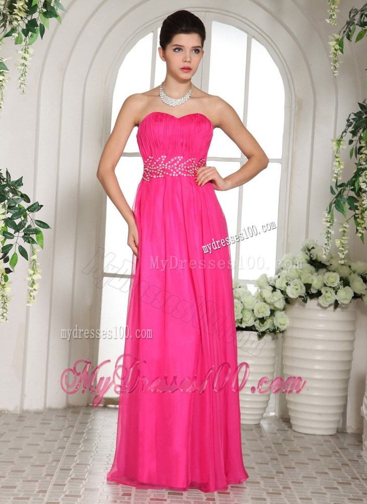 Column Hot Pink Sweetheart Party Dresses With Ruching and Beading