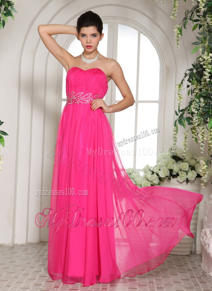Column Hot Pink Sweetheart Party Dresses With Ruching and Beading