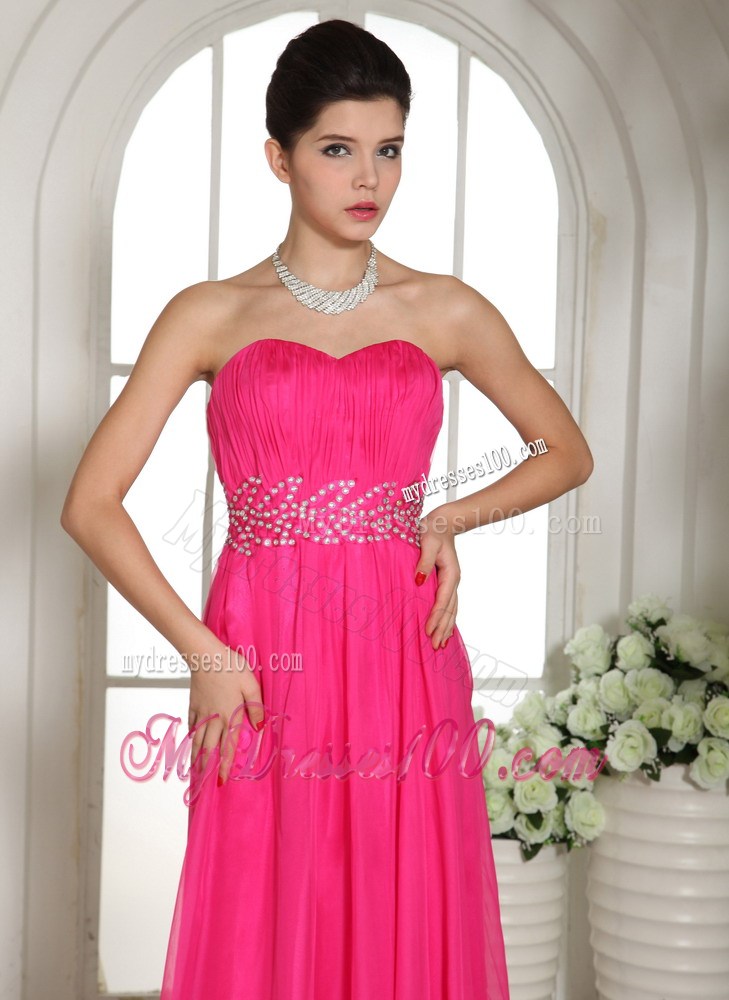 Column Hot Pink Sweetheart Party Dresses With Ruching and Beading