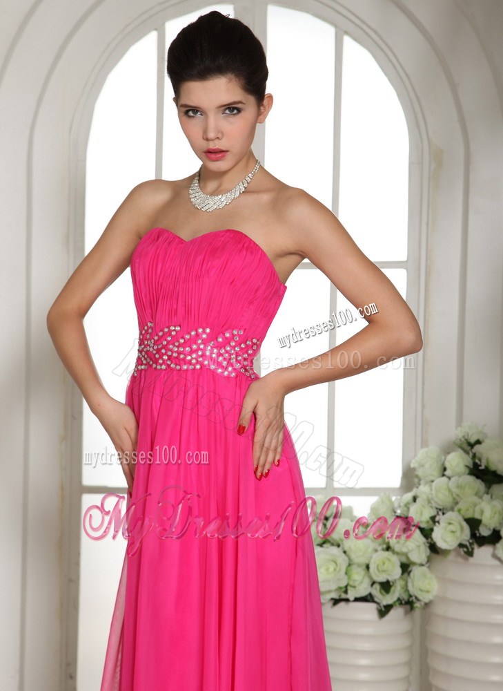 Column Hot Pink Sweetheart Party Dresses With Ruching and Beading