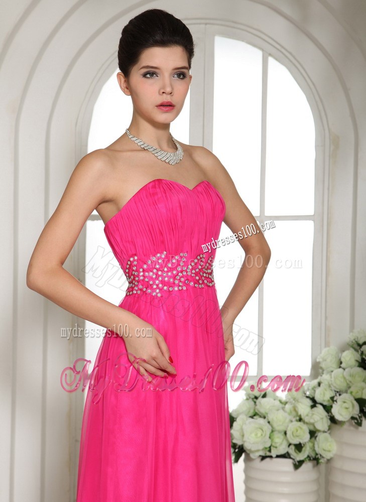 Column Hot Pink Sweetheart Party Dresses With Ruching and Beading