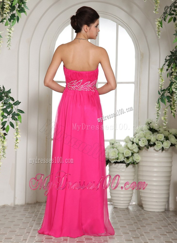 Column Hot Pink Sweetheart Party Dresses With Ruching and Beading
