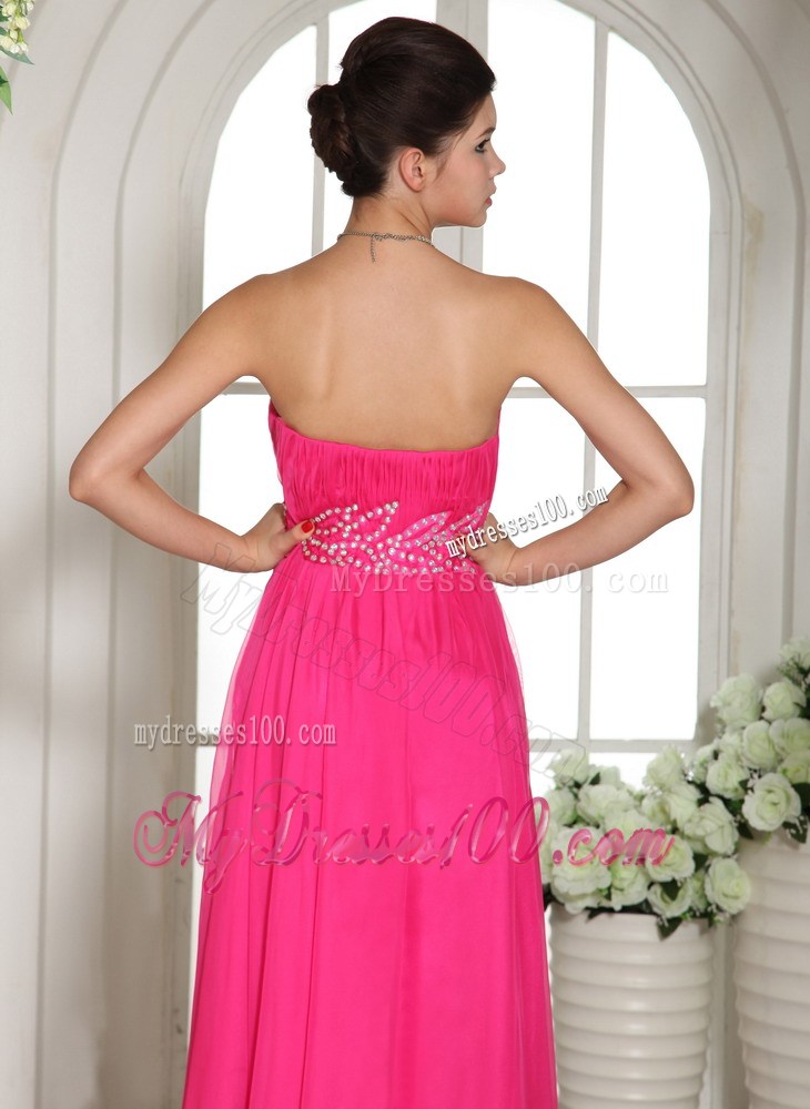 Column Hot Pink Sweetheart Party Dresses With Ruching and Beading