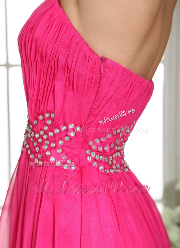 Column Hot Pink Sweetheart Party Dresses With Ruching and Beading
