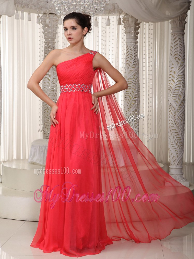 Coral Red Empire One Shoulder Watteau Train Beading Party Dresses
