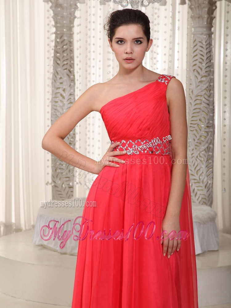 Coral Red Empire One Shoulder Watteau Train Beading Party Dresses