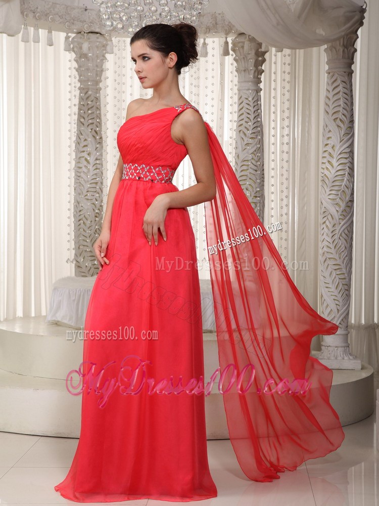 Coral Red Empire One Shoulder Watteau Train Beading Party Dresses