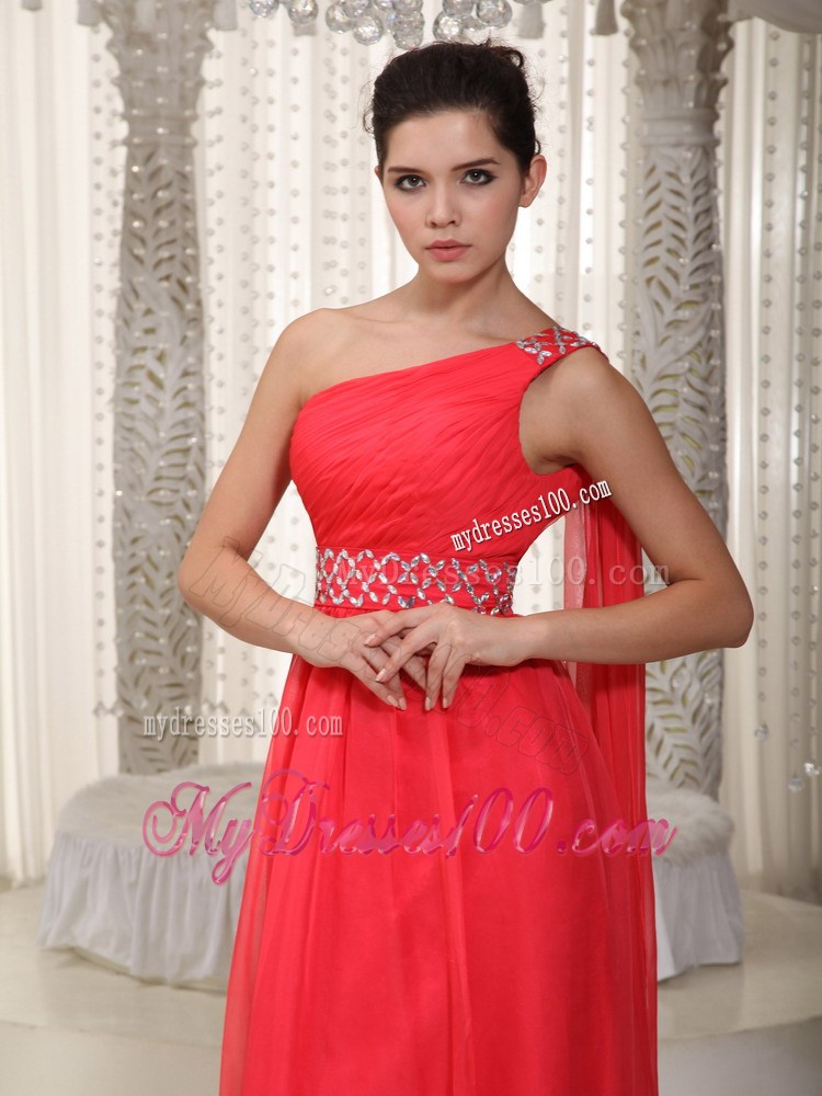 Coral Red Empire One Shoulder Watteau Train Beading Party Dresses