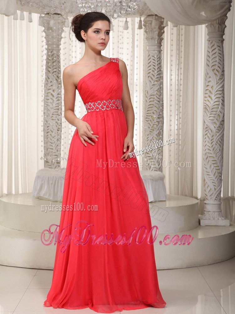 Coral Red Empire One Shoulder Watteau Train Beading Party Dresses