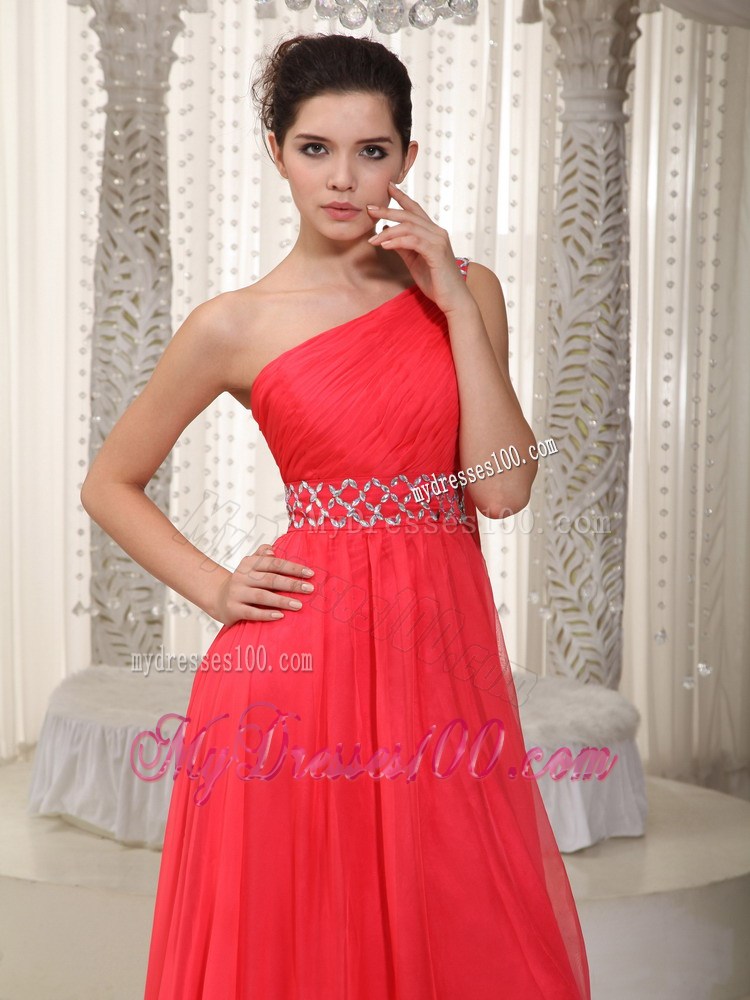Coral Red Empire One Shoulder Watteau Train Beading Party Dresses