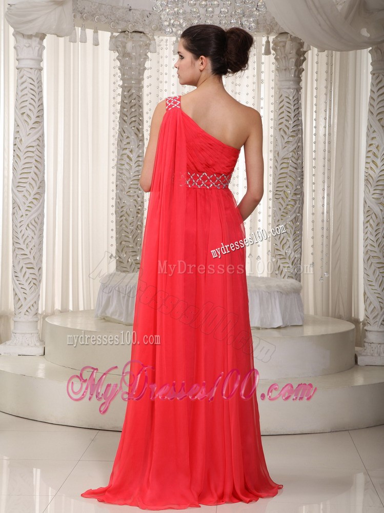 Coral Red Empire One Shoulder Watteau Train Beading Party Dresses