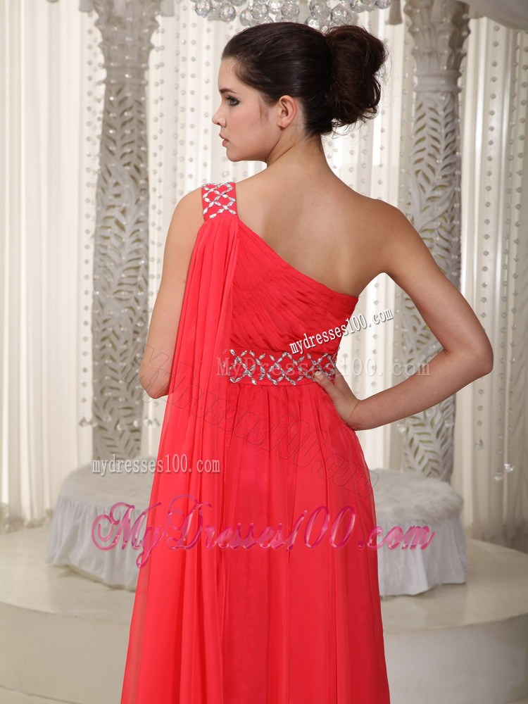 Coral Red Empire One Shoulder Watteau Train Beading Party Dresses