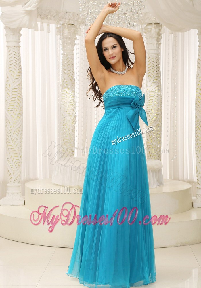 Teal Party Dresses With Bowknot Pleat Beading For Formal Evening